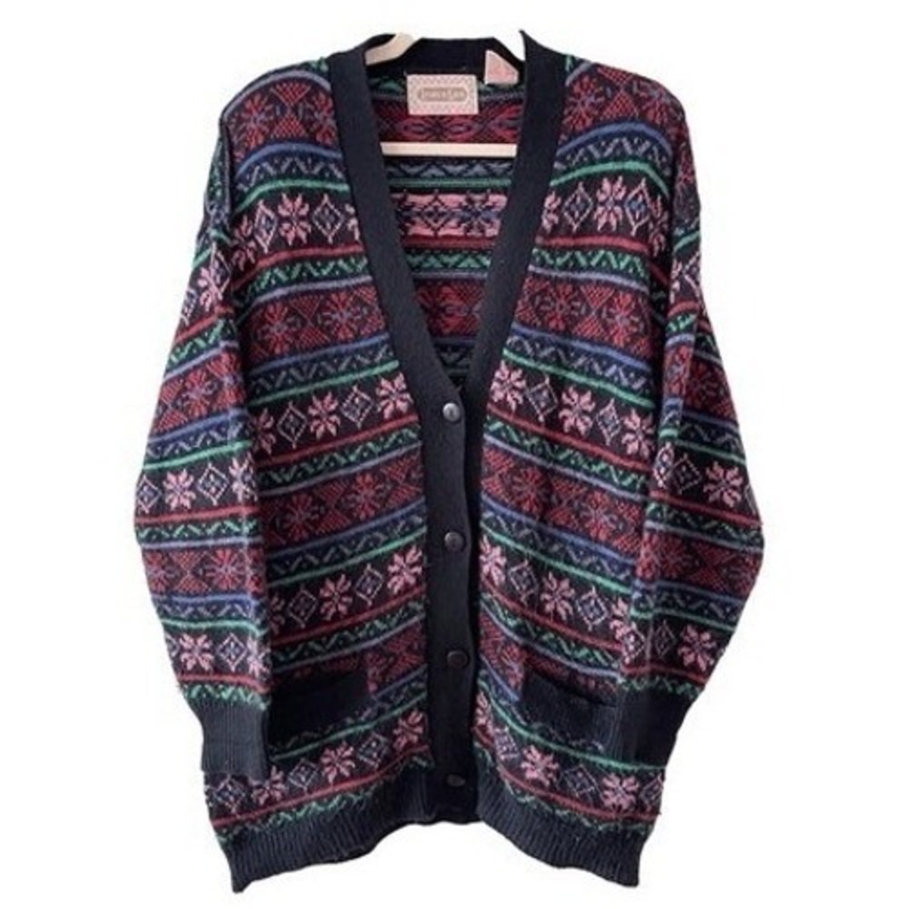 B4 Lindsay Gray Cardigan Womens Medium Black Acrylic Fair Isle Snowflake Vintage